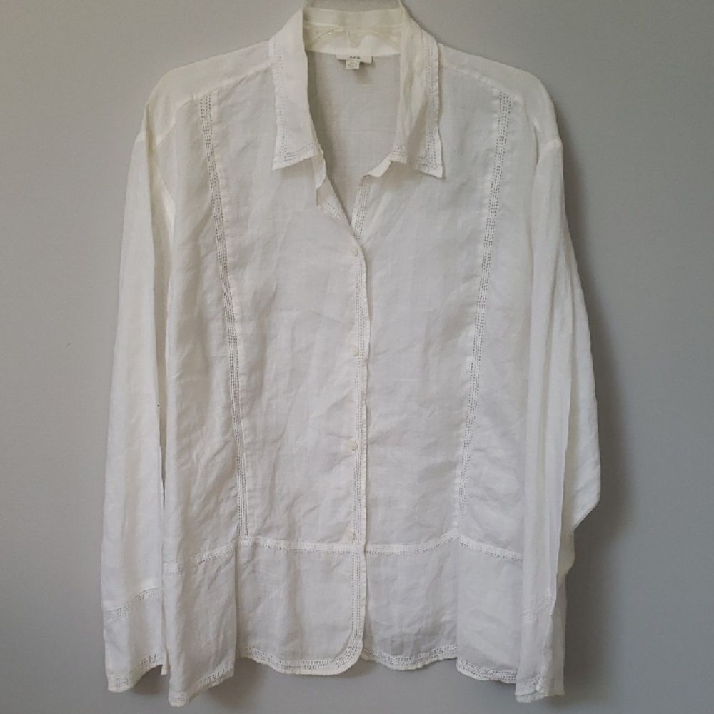 J. Jill Blouse Womens 26 Creamy Ramie Cut Work Feminine Travel Summery Button Up